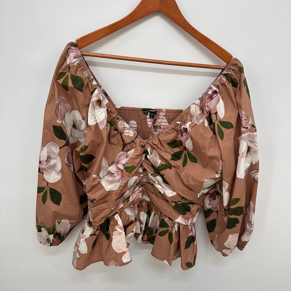 EXPRESS Floral Pleated Peplum Top in Brown Floral Print // XL - Picture 3 of 13